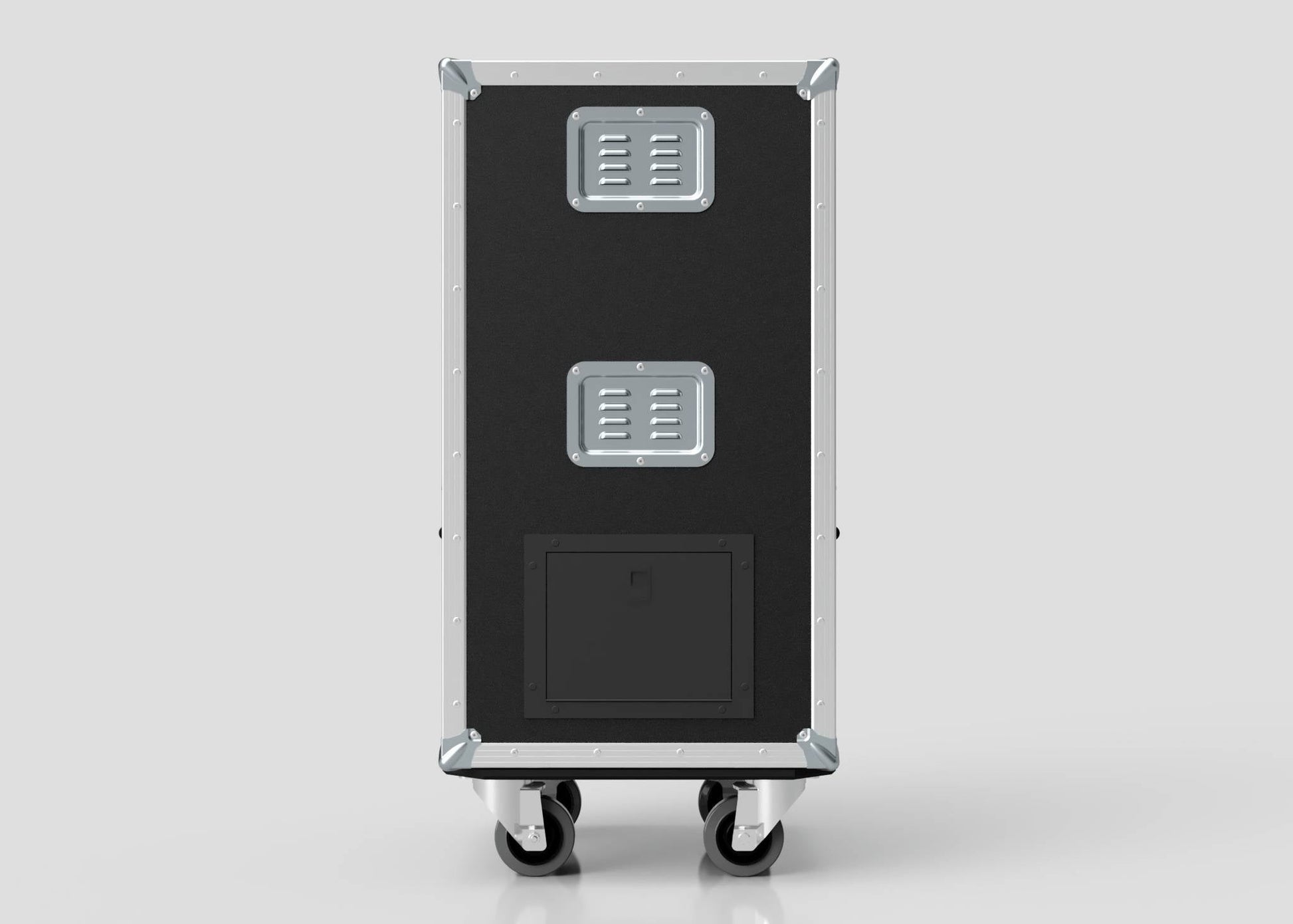 The Mini Fridge Case is a black, rectangular case (485 x 541 x 1003 mm) with metal corners, two vent panels, a small access door, and four swivel caster wheels, displayed against a plain light background.