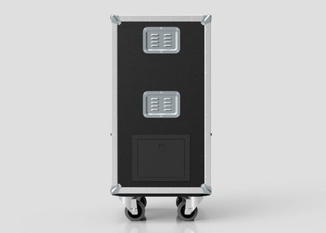 The Medium Fridge Case is a black wheeled equipment case with metal corner protectors, two vented panels, a rectangular access panel, and external dimensions of 485 x 541 x 1003 mm, displayed against a plain light background.