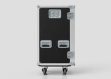 The Medium Fridge Case is a black and silver rectangular road case with metal edges, handles, and two wheels at the bottom; it stands upright against a plain background and measures 485 x 541 x 1003 mm externally.