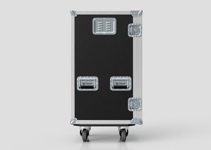 The Mini Fridge Case is a black and silver flight case with metal edges, two handles, a vent, reinforced corners, and four caster wheels. Its external dimensions are 485 x 541 x 1003 mm.