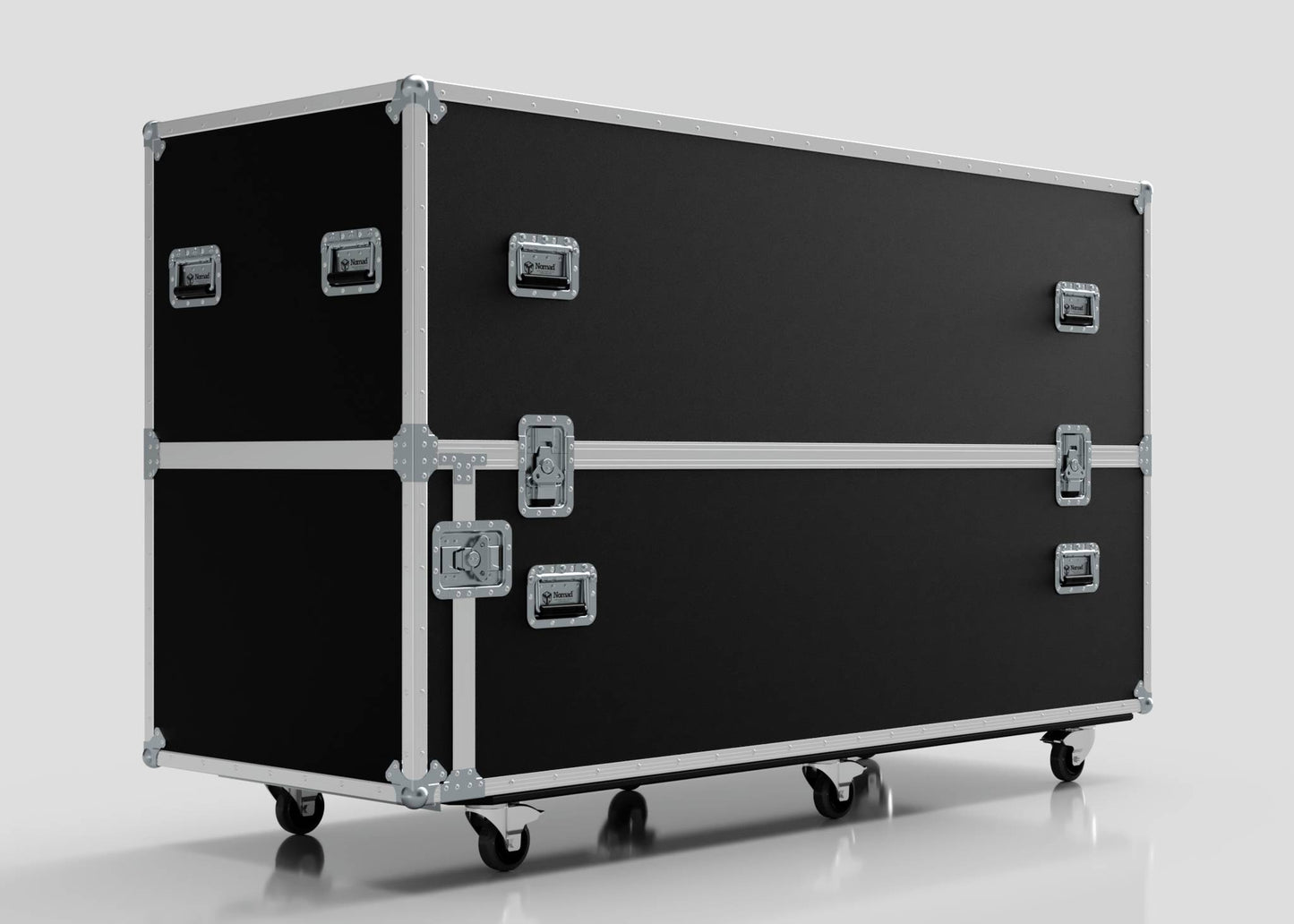 The Motorbike Case, a large black rectangular rolling equipment case with metal edges, corner protectors, silver latches, and side handles, is shown against a plain light background; external dimensions: 2100 x 750 x 1150 mm.