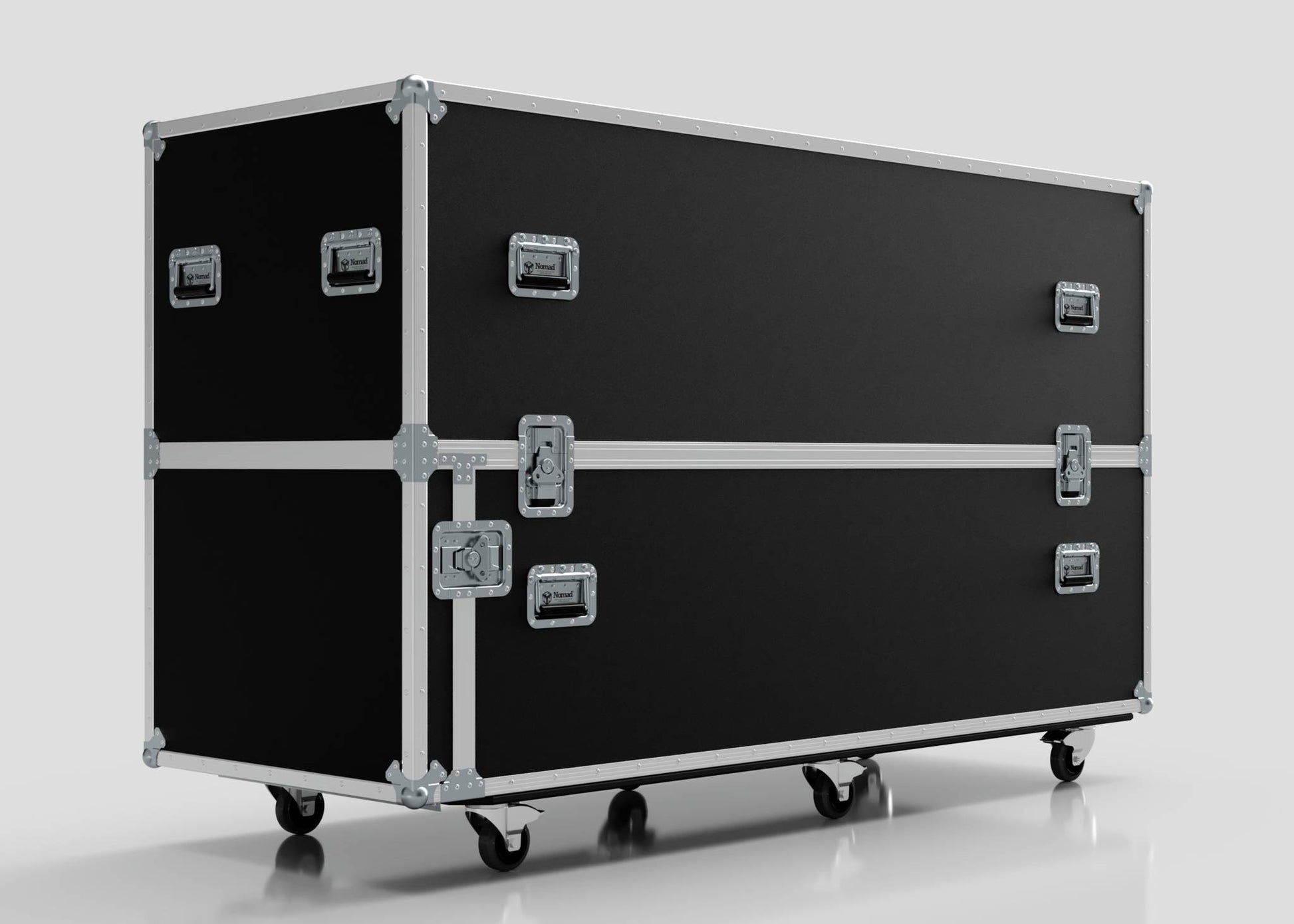 The Motorbike Case, a large black rectangular rolling equipment case with metal edges, corner protectors, silver latches, and side handles, is shown against a plain light background; external dimensions: 2100 x 750 x 1150 mm.