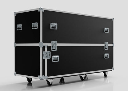 The Motorbike Case, a large black rectangular rolling equipment case with metal edges, corner protectors, silver latches, and side handles, is shown against a plain light background; external dimensions: 2100 x 750 x 1150 mm.
