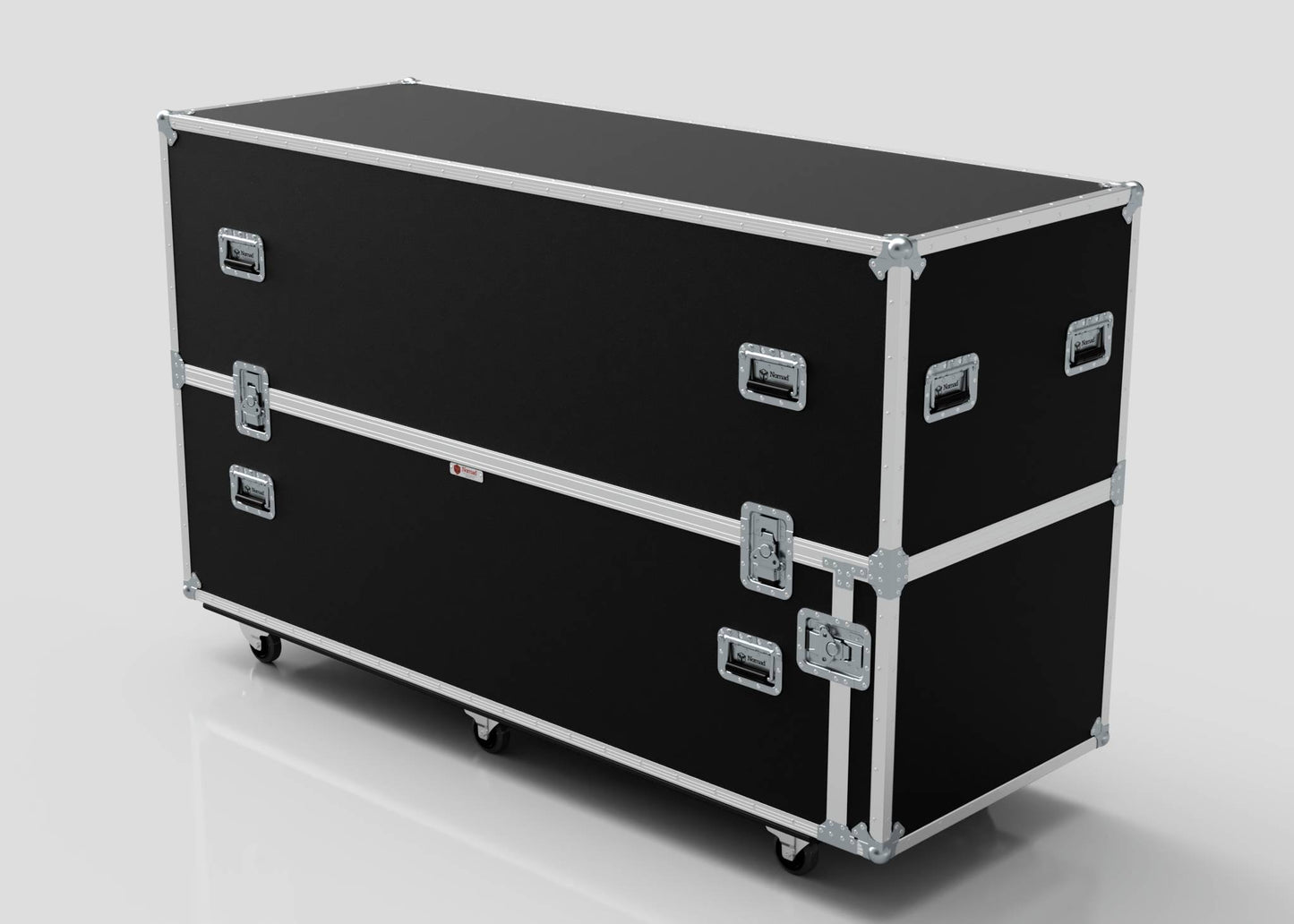 The Motorbike Case is a large black rectangular equipment case with metal edges, handles, latches, and wheels, set against a plain light background. Its external dimensions are 2100 x 750 x 1150 mm.