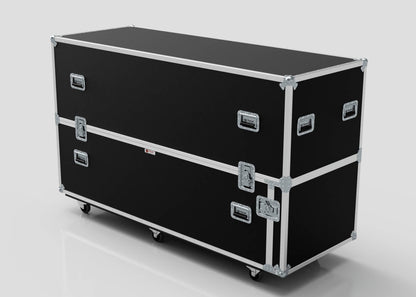 The Motorbike Case is a large black rectangular equipment case with metal edges, handles, latches, and wheels, set against a plain light background. Its external dimensions are 2100 x 750 x 1150 mm.