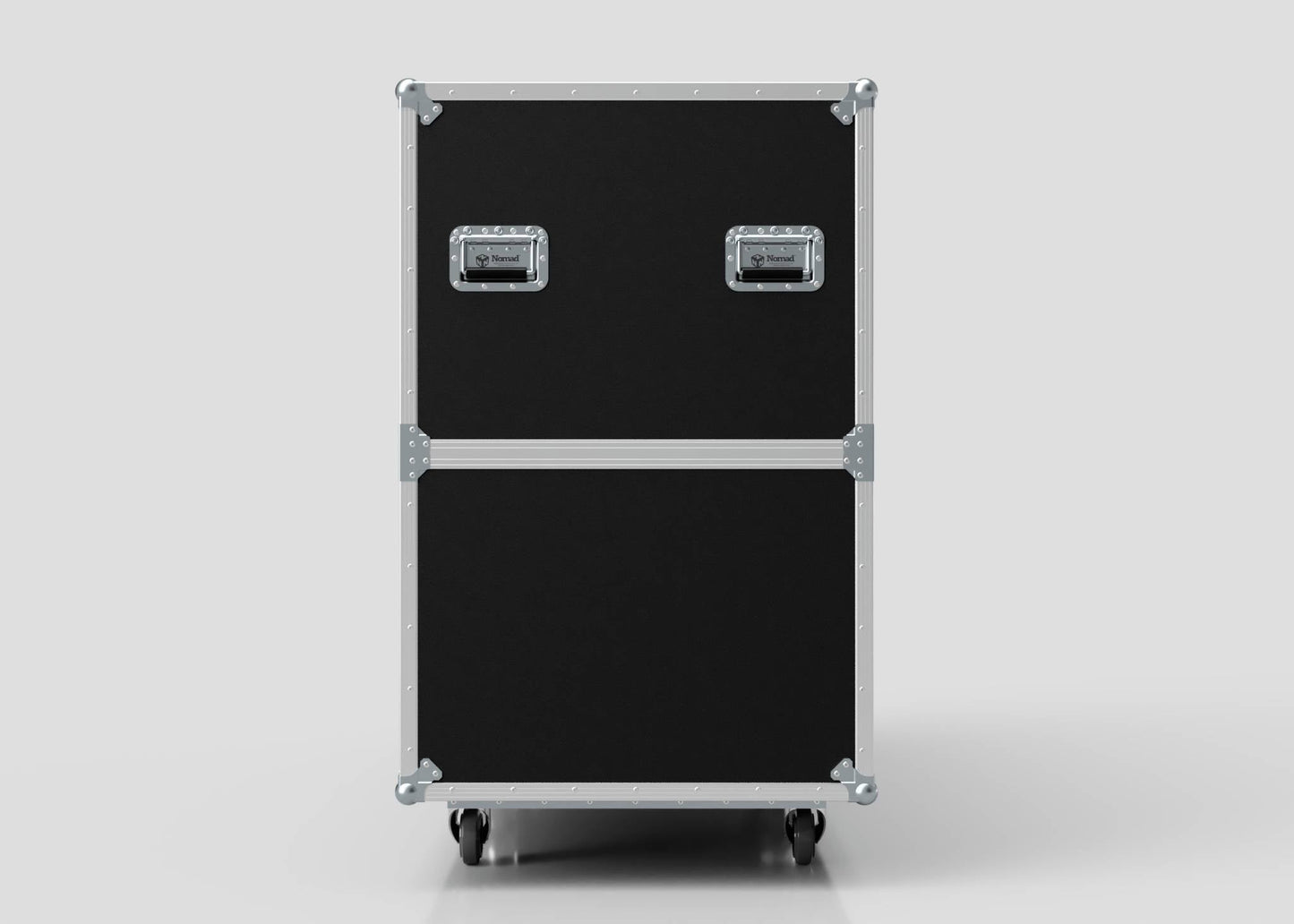 The Motorbike Case, a black rectangular equipment case with metal edges, corner reinforcements, two handles, and four caster wheels, stands upright against a plain background; its external dimensions are 2100 x 750 x 1150 mm.