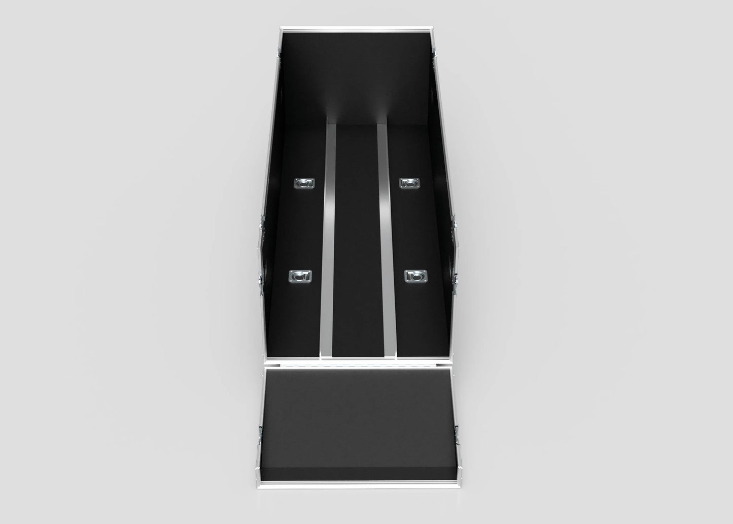 The Motorbike Case is a black, rectangular open box with a hinged lid, metal reinforcements, and two parallel grooves on the base. Seen from above, its external dimensions are 2100 x 750 x 1150 mm.
