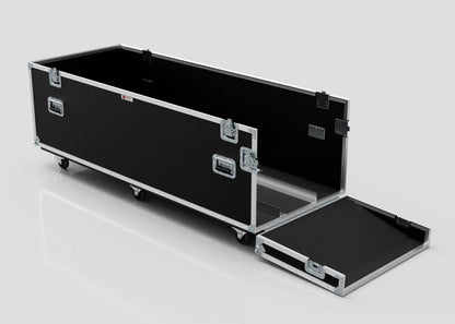 The Motorbike Case is a large black equipment case with metal edges, handles, latches, wheels for mobility, and external dimensions of 2100 x 750 x 1150 mm; shown open with the lid lying flat on the ground.