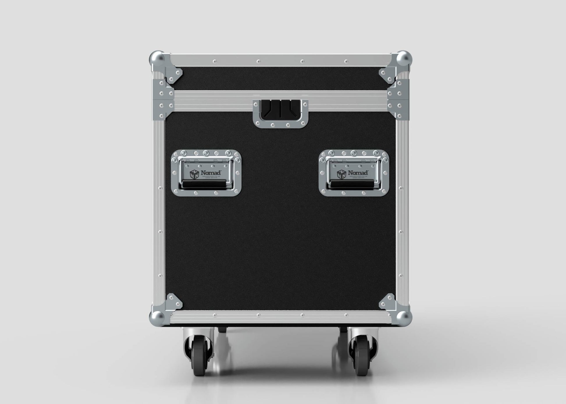 The Multicore Trunk Case, shown from the front against a plain background, is a black and silver rolling equipment case with metal reinforcements and handles, designed for secure transport like a rugged external storage box.