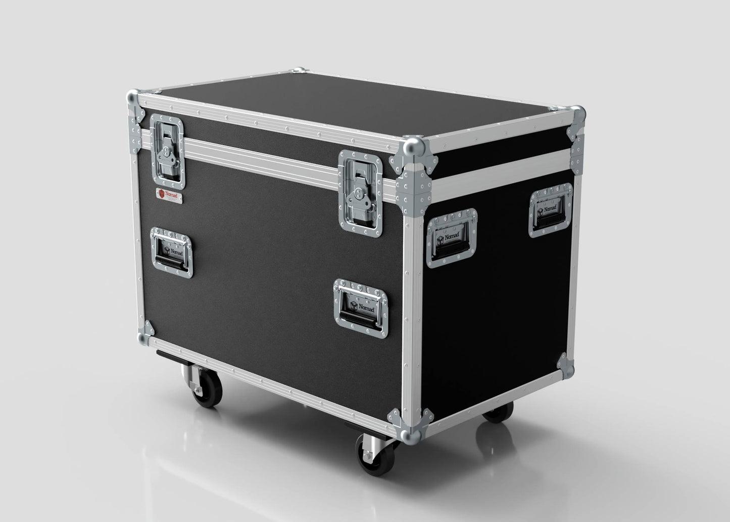 The MUT Trunk Case is a black road case with metal reinforcements, handles, latches, and wheels on a plain light background. It features a variable divider system and is trunk pack compatible for flexible storage.