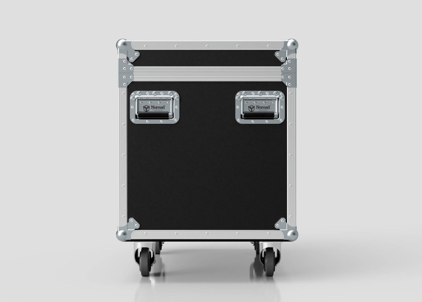 The MUT Trunk Case is a black and silver rolling utility equipment case with metal corners, handles, and a customizable divider system, shown from the front on a plain white background.