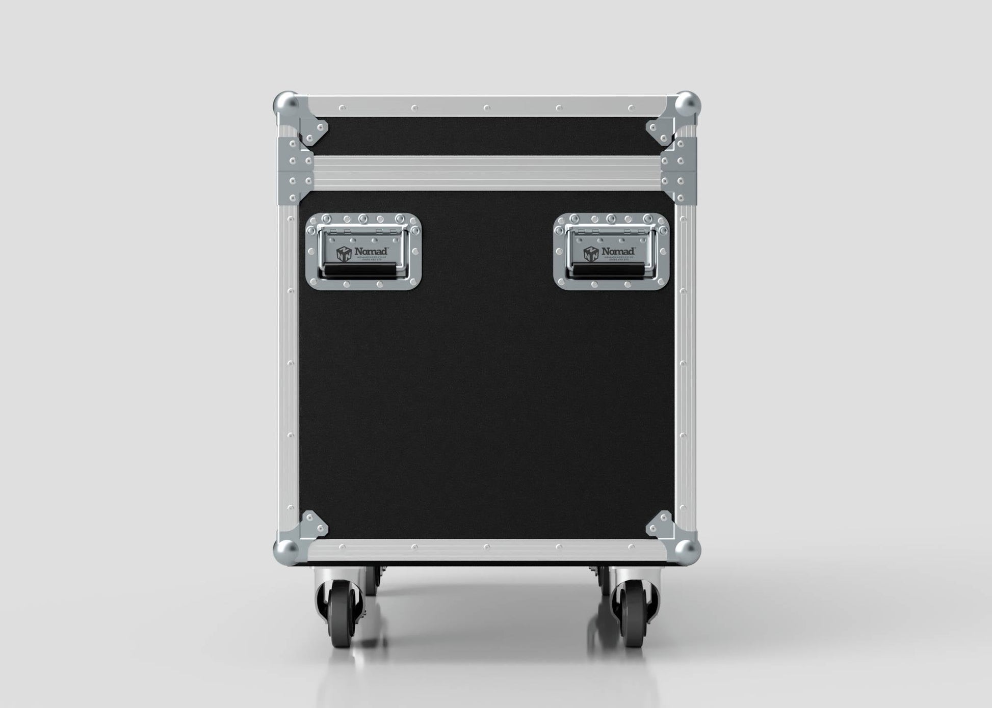 The MUT Trunk Case is a black and silver rolling utility equipment case with metal corners, handles, and a customizable divider system, shown from the front on a plain white background.