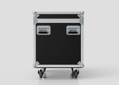 The MUT Trunk Case is a black and silver rolling utility equipment case with metal corners, handles, and a customizable divider system, shown from the front on a plain white background.