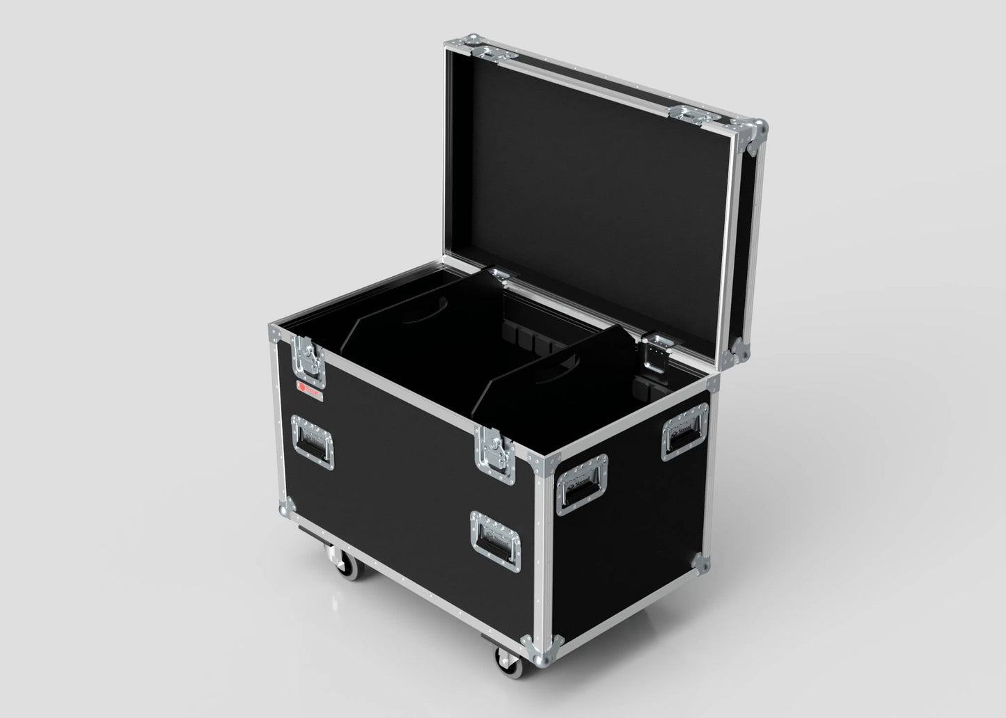 The MUT Trunk Case—a large black road case with hinged lid, metal-reinforced edges, handles, wheels, and a customizable divider system—is displayed on a light background.