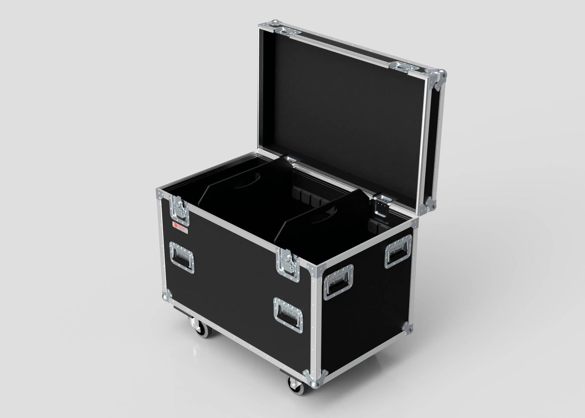 The MUT Trunk Case—a large black road case with hinged lid, metal-reinforced edges, handles, wheels, and a customizable divider system—is displayed on a light background.