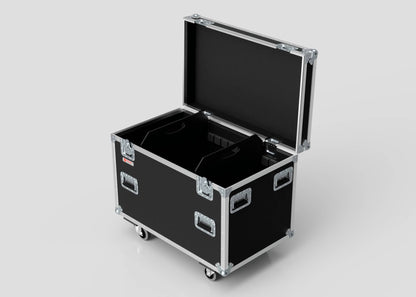 The MUT Trunk Case—a large black road case with hinged lid, metal-reinforced edges, handles, wheels, and a customizable divider system—is displayed on a light background.