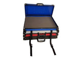 A stack of three blue, red, and black Print Portfolio water-resistant HDPE boxes is shown; the top case is open with two straps hanging down in front—ideal for storing mounted prints.