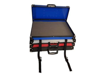 A stack of three blue, red, and black Print Portfolio water-resistant HDPE boxes is shown; the top case is open with two straps hanging down in front—ideal for storing mounted prints.