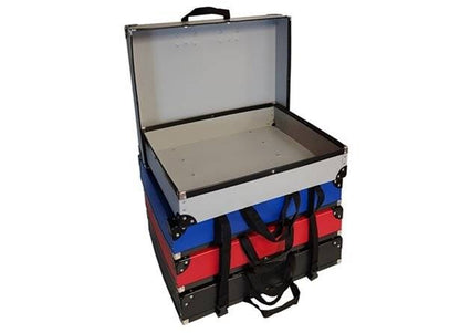 The Print Portfolio features a stack of three poly boxes in black, red, and blue, each with open lids, metal edges, and handles, showing empty interior compartments—perfect for safely storing mounted prints.