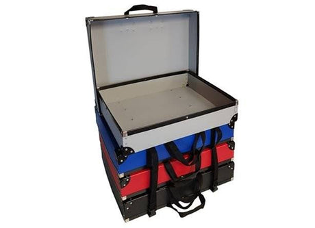 The Print Portfolio features a stack of three poly boxes in black, red, and blue, each with open lids, metal edges, and handles, showing empty interior compartments—perfect for safely storing mounted prints.