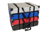 The Print Portfolio features four stacked poly boxes in silver, blue, red, and black with black straps and handles—perfect for mounted print storage.