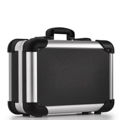 The Robust 50100N is a black and silver briefcase with reinforced corners, a black handle, and custom CNC foam fittings for extra protection, displayed elegantly on a white background.