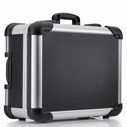 The Robust 50200N case (555 x 425 x 235) in black and silver, with reinforced corners, carrying handle, and custom foam fittings, stands upright against a white background.