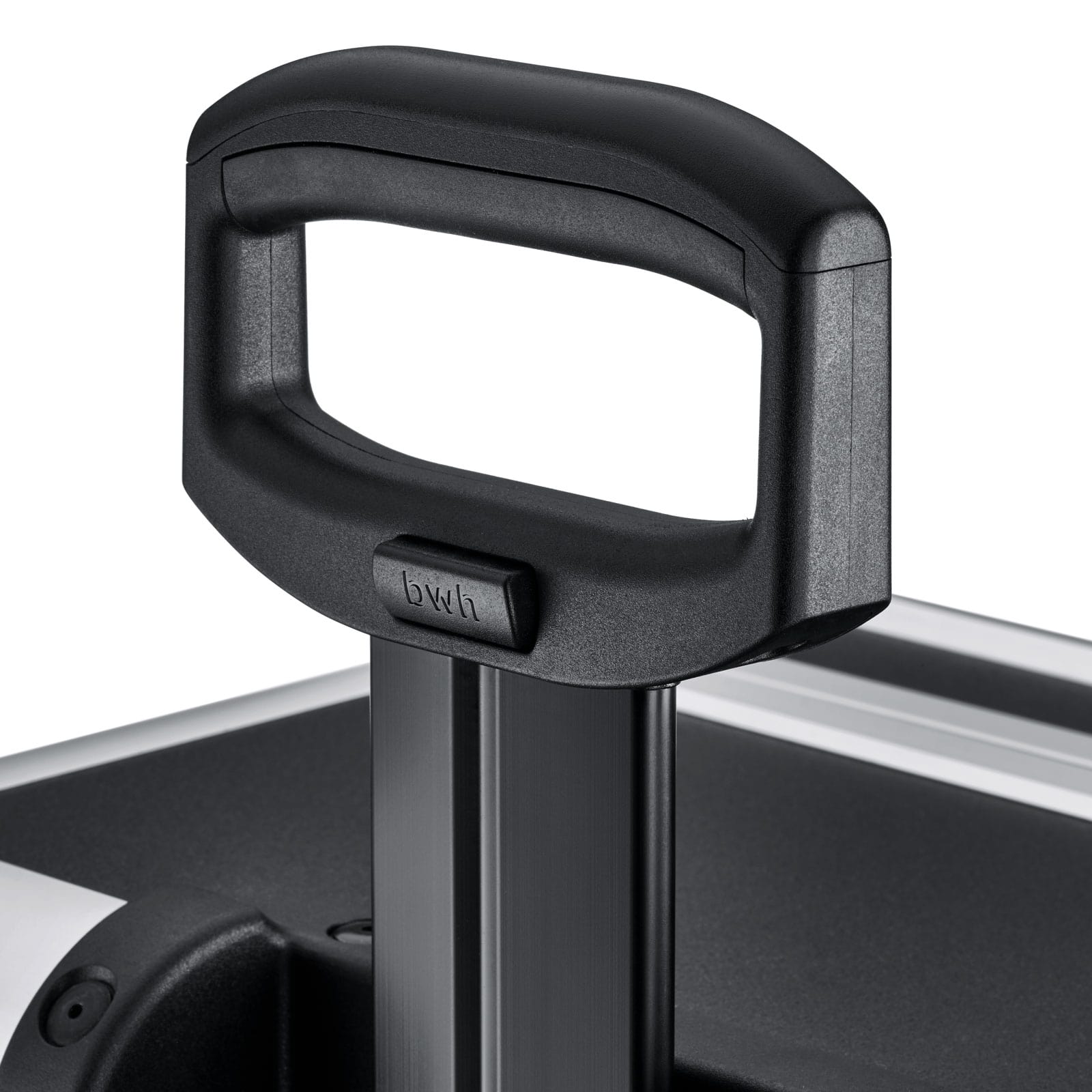 Close-up of a black plastic handle on a metal telescopic rod, with part of the Robust 50200N (555 x 425 x 235) case visible—perfect for protecting gear with custom foam fittings.