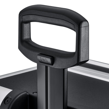 Close-up of a black plastic handle on a metal telescopic rod, with part of the Robust 50200N (555 x 425 x 235) case visible—perfect for protecting gear with custom foam fittings.