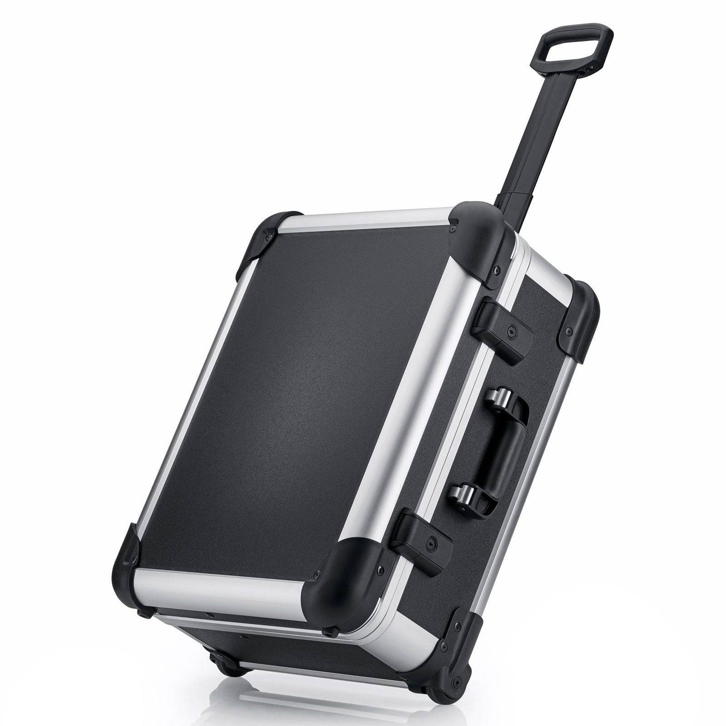 The Robust 50200N (555 x 425 x 235) is a black and silver hard-shell rolling suitcase with custom foam fittings, telescopic and side handles, standing securely on two wheels.