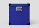 The Rugby Storage Poly Case (Large) is a square, blue durable case with black corner protectors, metal rivets on the edges, and a centered silver handle—perfect for rugby gear—shown against a plain white background.