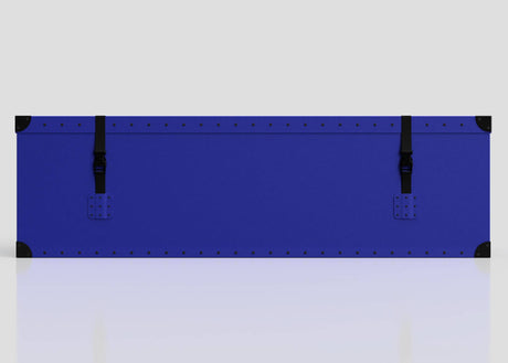 The Rugby Storage Poly Case (Large) is a durable blue poly case with black corner protectors and two black buckled straps, designed for rugby gear protection, shown against a plain light background.