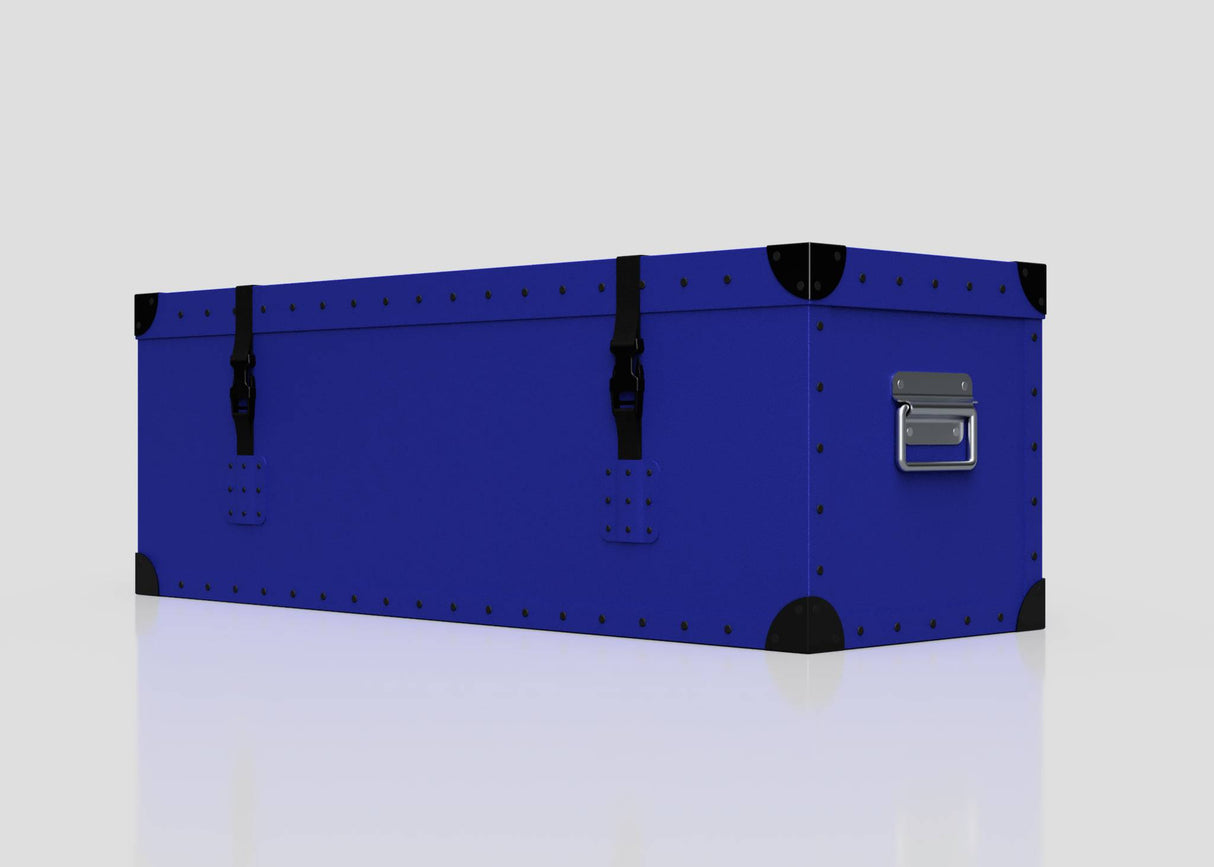 The Rugby Storage Poly Case (Small) is a blue polyethylene box with metal corner protectors, black latches, and a zinc drop handle, displayed on a plain white background.