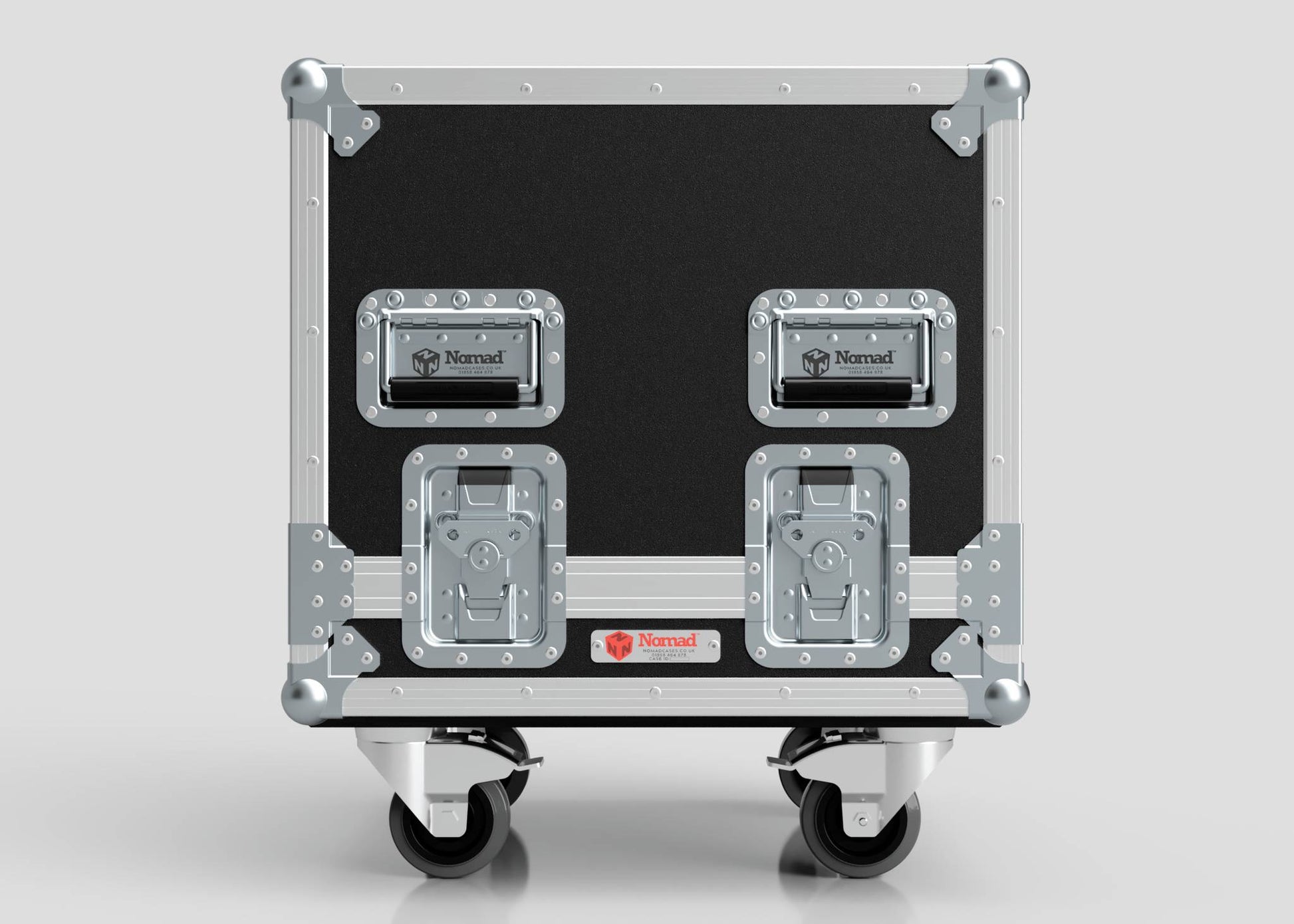 A Sennheiser Radio Mic System Rack Sleeve With Case in black and silver, featuring metal corners, latches, Nomad-labeled handles, a red front logo, and external dimensions of 580 x 618 x 639 mm.