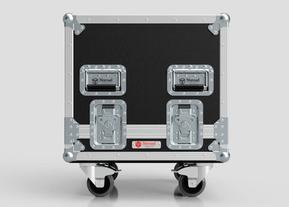 A Sennheiser Radio Mic System Rack Sleeve With Case in black and silver, featuring metal corners, latches, Nomad-labeled handles, a red front logo, and external dimensions of 580 x 618 x 639 mm.