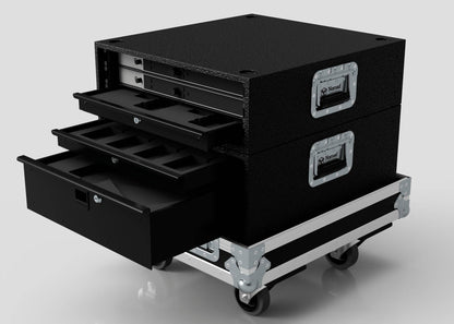 The Sennheiser Radio Mic System Rack Sleeve With Case features two stacked sections, each with a handle and multiple sliding drawers. External dimensions are 580 x 618 x 639 mm, ideal for organized storage. Displayed against a plain background.