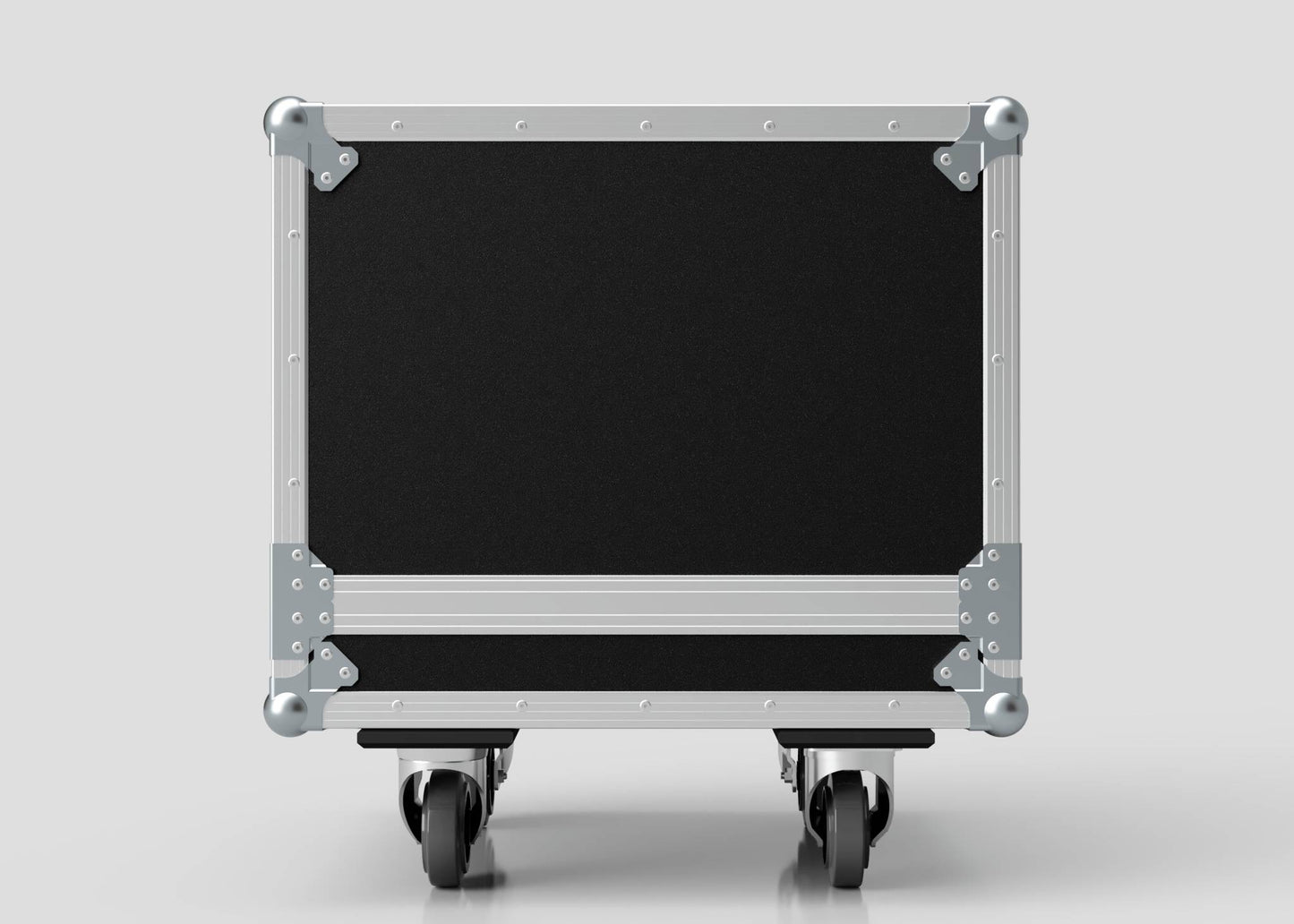 A Sennheiser Radio Mic System Rack Sleeve With Case, black and silver with metal reinforcements and wheels, is shown from the front against a plain light background. External dimensions: 580 x 618 x 639 mm.