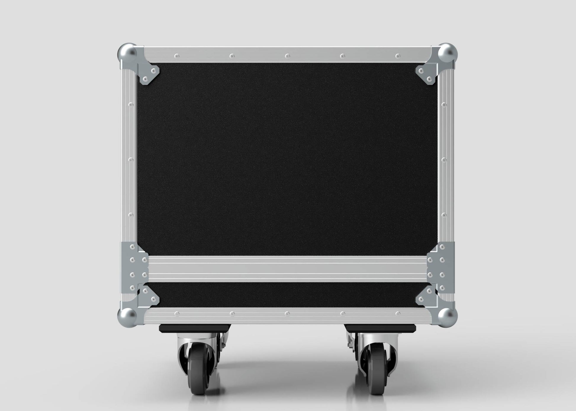 A Sennheiser Radio Mic System Rack Sleeve With Case, black and silver with metal reinforcements and wheels, is shown from the front against a plain light background. External dimensions: 580 x 618 x 639 mm.