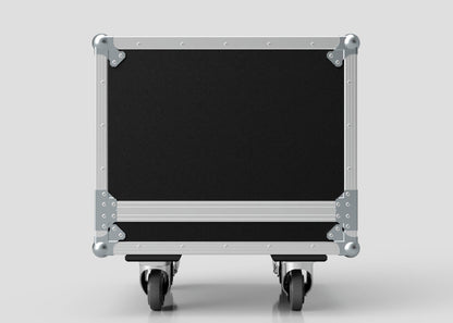 A Sennheiser Radio Mic System Rack Sleeve With Case, black and silver with metal reinforcements and wheels, is shown from the front against a plain light background. External dimensions: 580 x 618 x 639 mm.