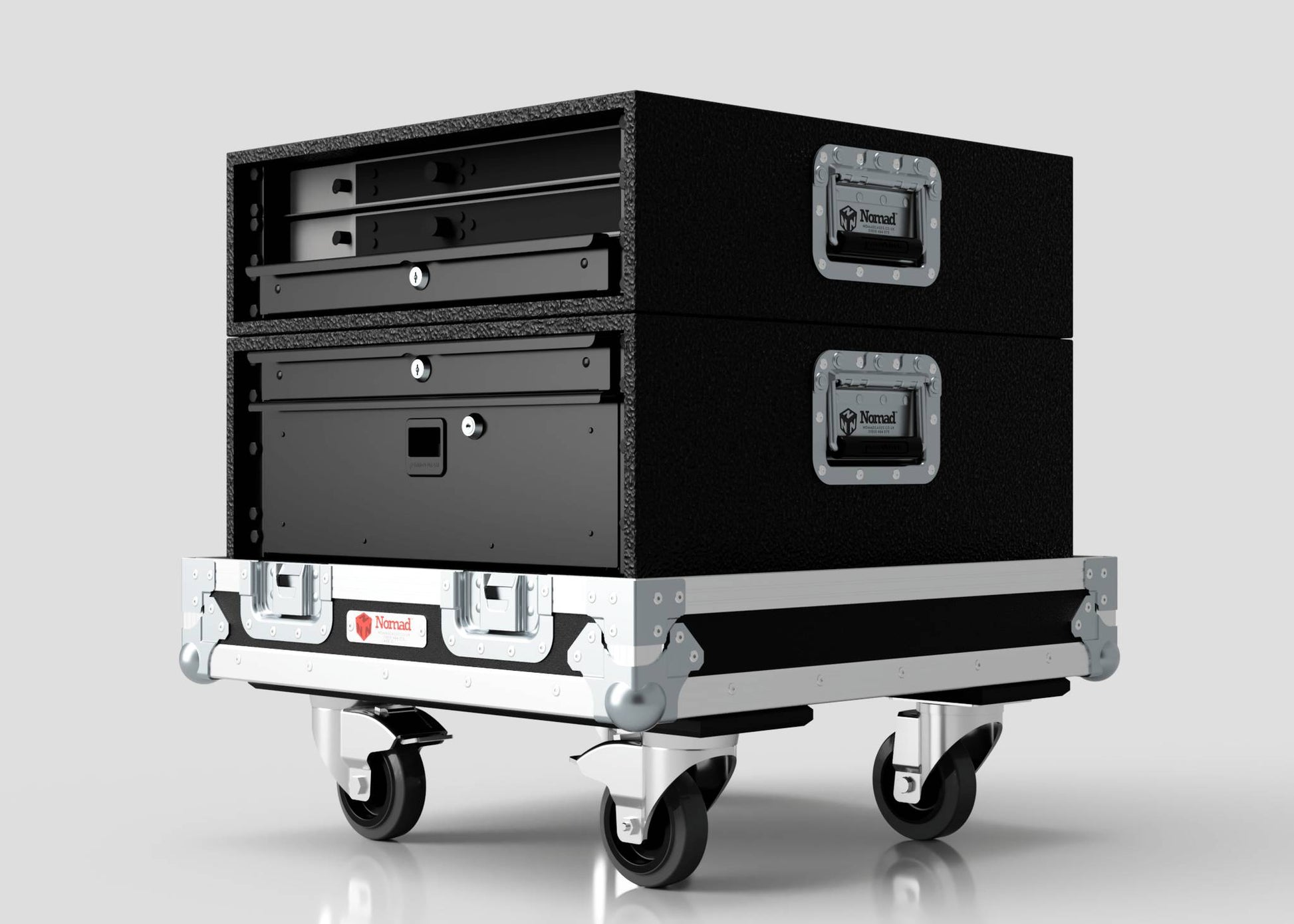 The Sennheiser Radio Mic System Rack Sleeve With Case is a black metal flight case with silver hardware, two compartments, side handles, wheels for mobility, and external dimensions of 580 x 618 x 639 mm, shown on a plain light background.