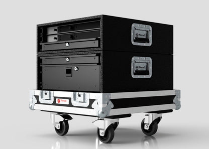 The Sennheiser Radio Mic System Rack Sleeve With Case is a black metal flight case with silver hardware, two compartments, side handles, wheels for mobility, and external dimensions of 580 x 618 x 639 mm, shown on a plain light background.