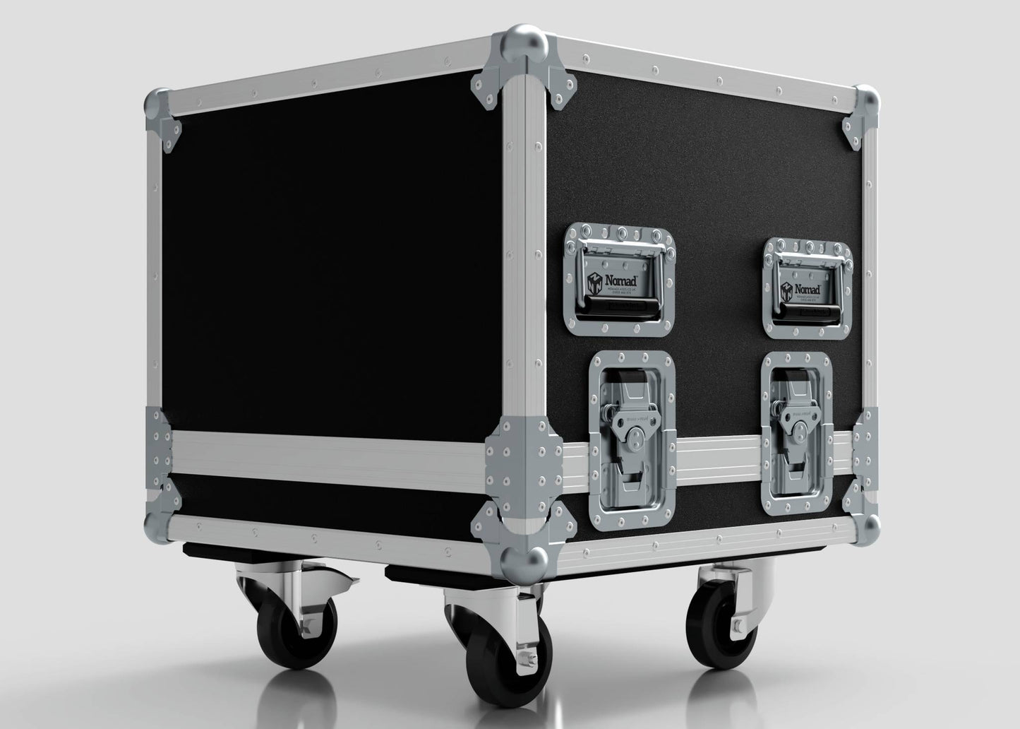The Sennheiser Radio Mic System Rack Sleeve With Case is shown on a plain background. It features metal edges, corner protectors, handles, latches, caster wheels, and has external dimensions of 580 x 618 x 639 mm.
