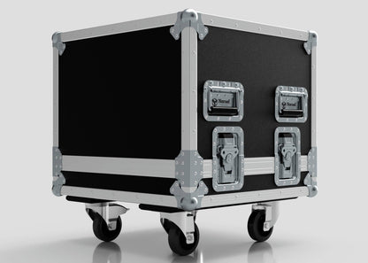 The Sennheiser Radio Mic System Rack Sleeve With Case is shown on a plain background. It features metal edges, corner protectors, handles, latches, caster wheels, and has external dimensions of 580 x 618 x 639 mm.