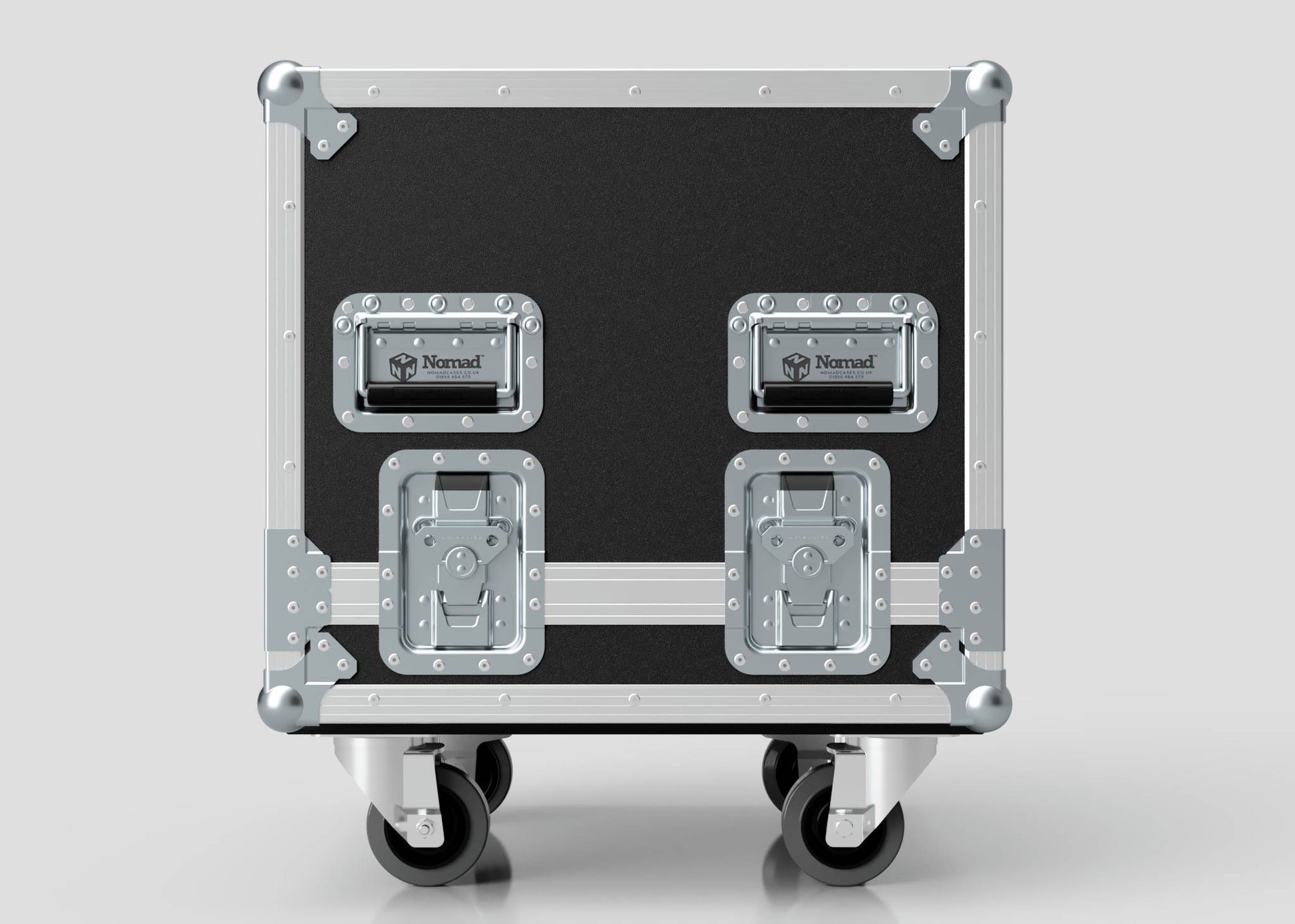 The Sennheiser Radio Mic System Rack Sleeve With Case is a black and silver case with metal edges and corners, two Nomad-labeled handles, two front latches, and external dimensions of 580 x 618 x 639 mm.