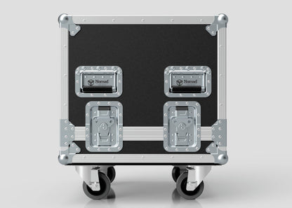 The Sennheiser Radio Mic System Rack Sleeve With Case is a black and silver case with metal edges and corners, two Nomad-labeled handles, two front latches, and external dimensions of 580 x 618 x 639 mm.