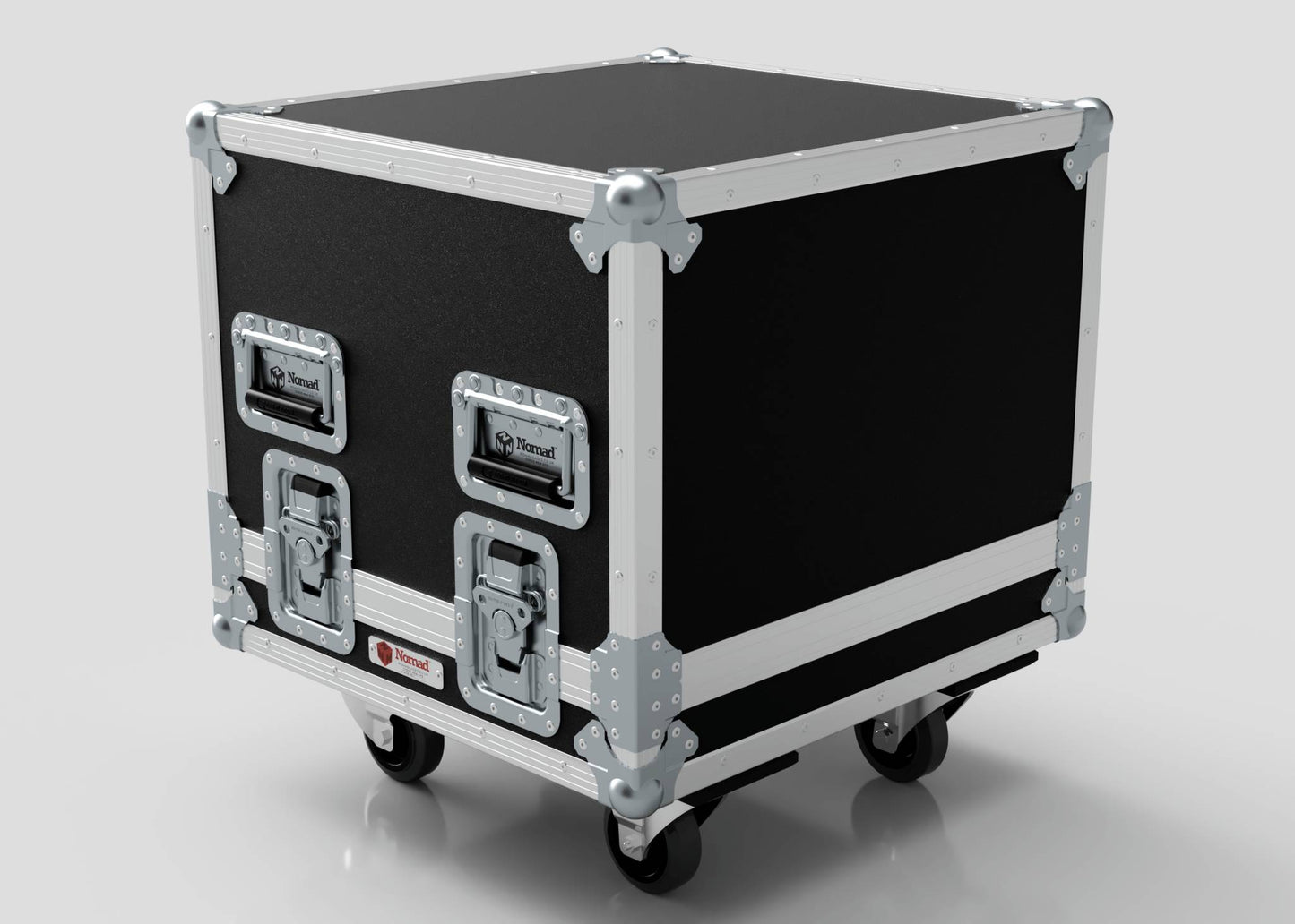 The Sennheiser Radio Mic System Rack Sleeve With Case features a black and silver finish with metal reinforcements, handles, latches, and four caster wheels. Measuring 580 x 618 x 639 mm, it offers ample space and durable construction on a plain light background.