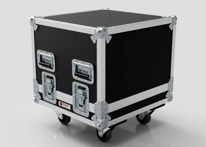 The Sennheiser Radio Mic System Rack Sleeve With Case features a black and silver finish with metal reinforcements, handles, latches, and four caster wheels. Measuring 580 x 618 x 639 mm, it offers ample space and durable construction on a plain light background.