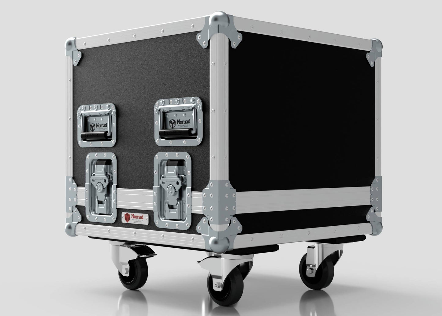 The Sennheiser Radio Mic System Rack Sleeve With Case is a black and silver rolling equipment case with metal reinforcements, handles, and latches, measuring 580 x 618 x 639 mm, shown on a light background.