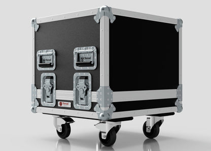 The Sennheiser Radio Mic System Rack Sleeve With Case is a black and silver rolling equipment case with metal reinforcements, handles, and latches, measuring 580 x 618 x 639 mm, shown on a light background.
