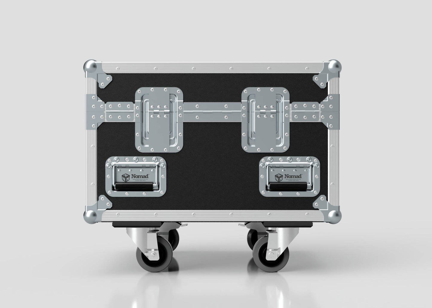 A Single 1 Ton EXE Motor Chain Hoist Case in black and silver metal with riveted edges, two large latches, and four caster wheels, shown on a plain light background. External dimensions: 696 x 607 x 580 mm.